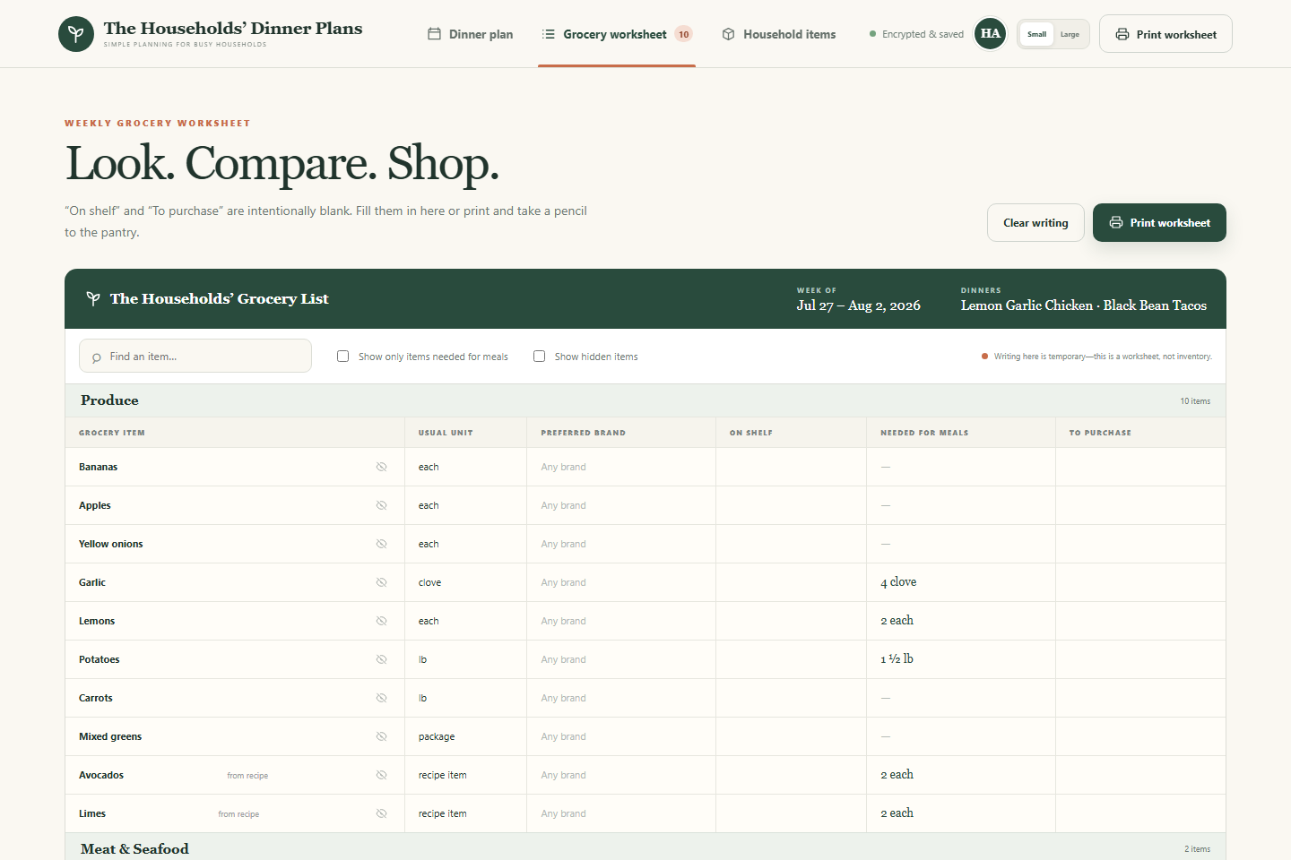 Printable Dinner Plans grocery worksheet with preferred brand, on shelf, needed, and to purchase columns